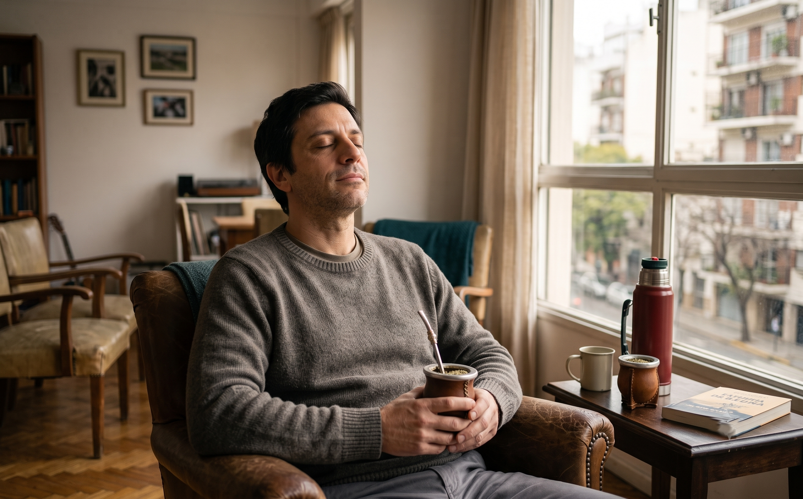 Hombre relajado y con energía, tomando unos mates