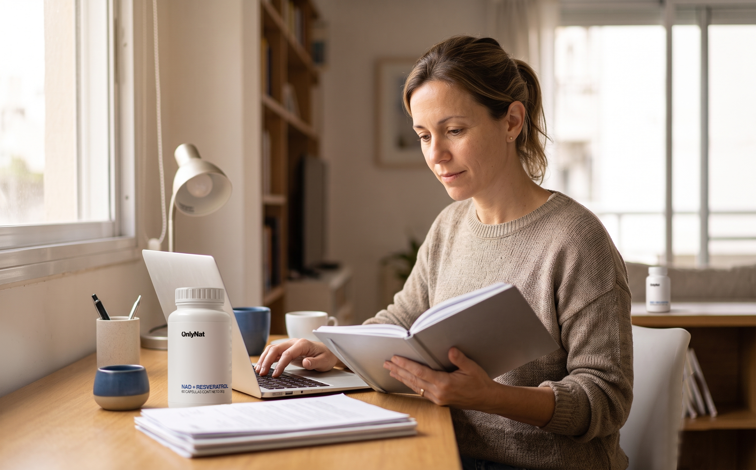 Mujer con energía en su día, junto a OnlyNat NAD+