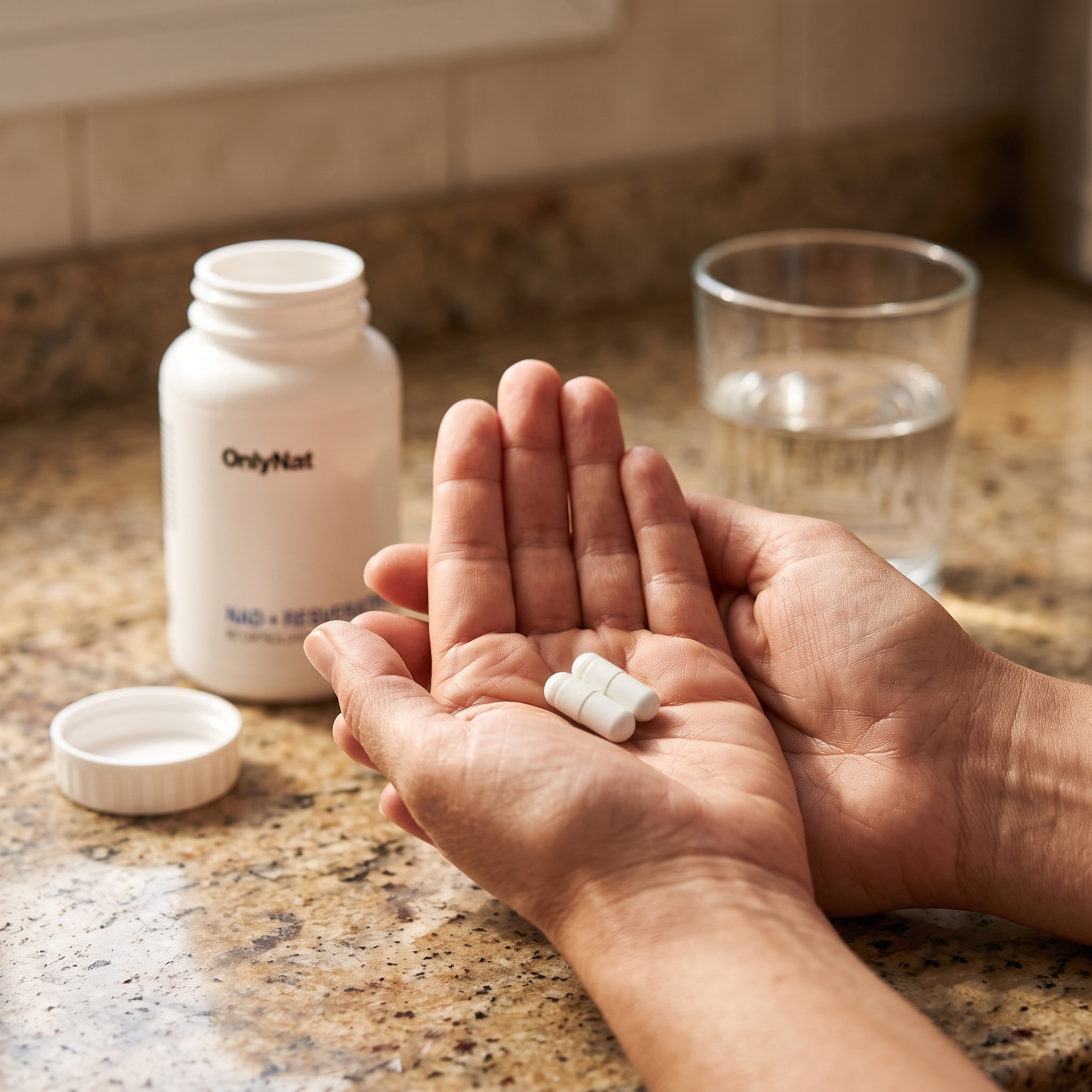 Tomando la dosis diaria de OnlyNat NAD+ Resveratrol con agua